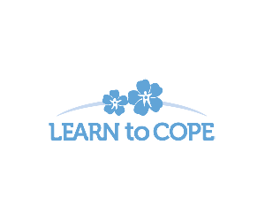 Two blue flowers floating over the middle of the words Learn to Cope