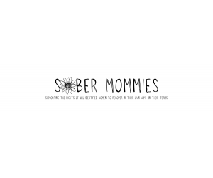 Sober mommies written in black with a flower as the O